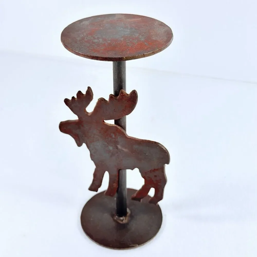 Vintage Metal Moose Pillar Candle Holder With Metal Stand Cabin Lodge Decor